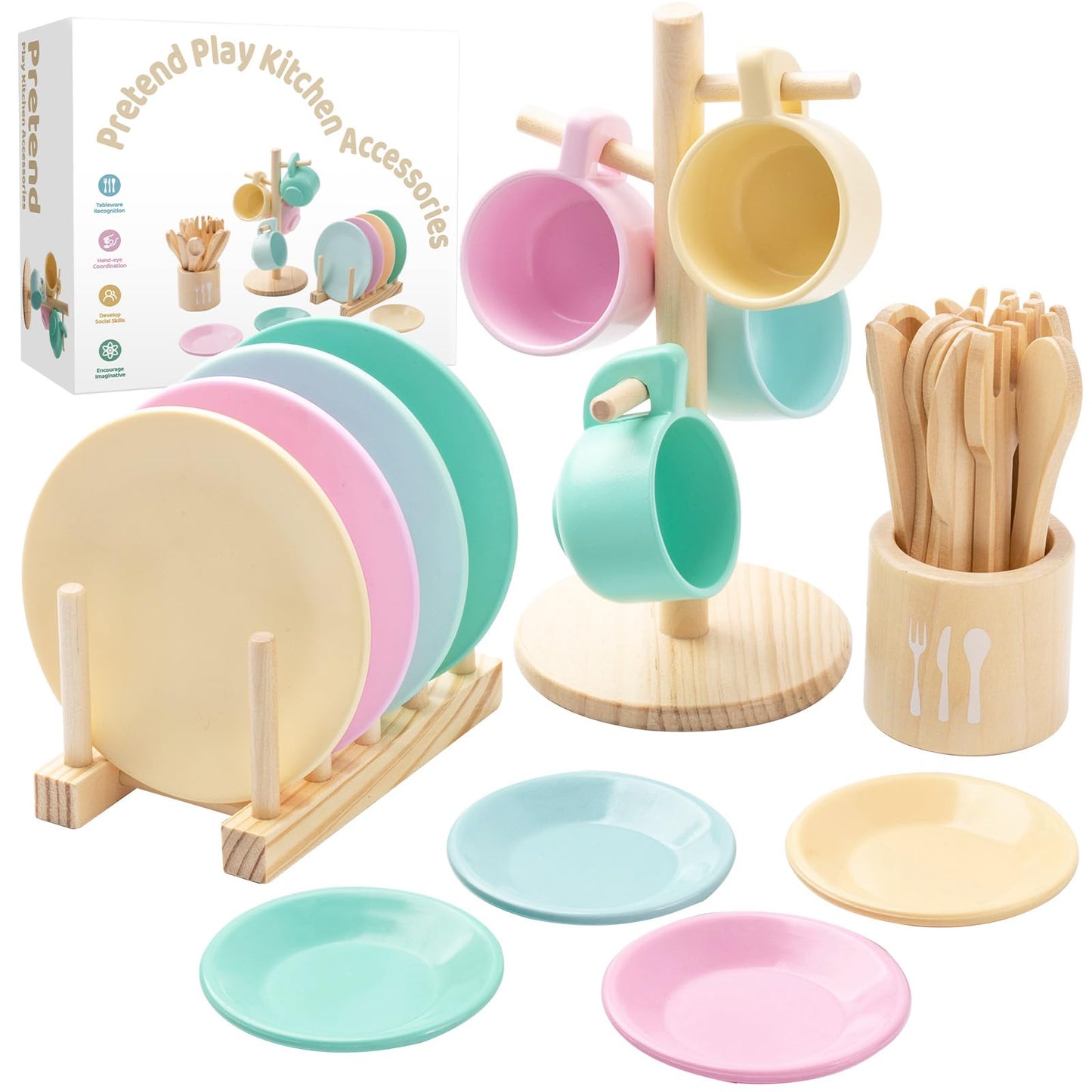 GAGAKU Kids Wooden Play Dishes Set – 27-Piece Montessori Kitchen Toys for Ages 3-5