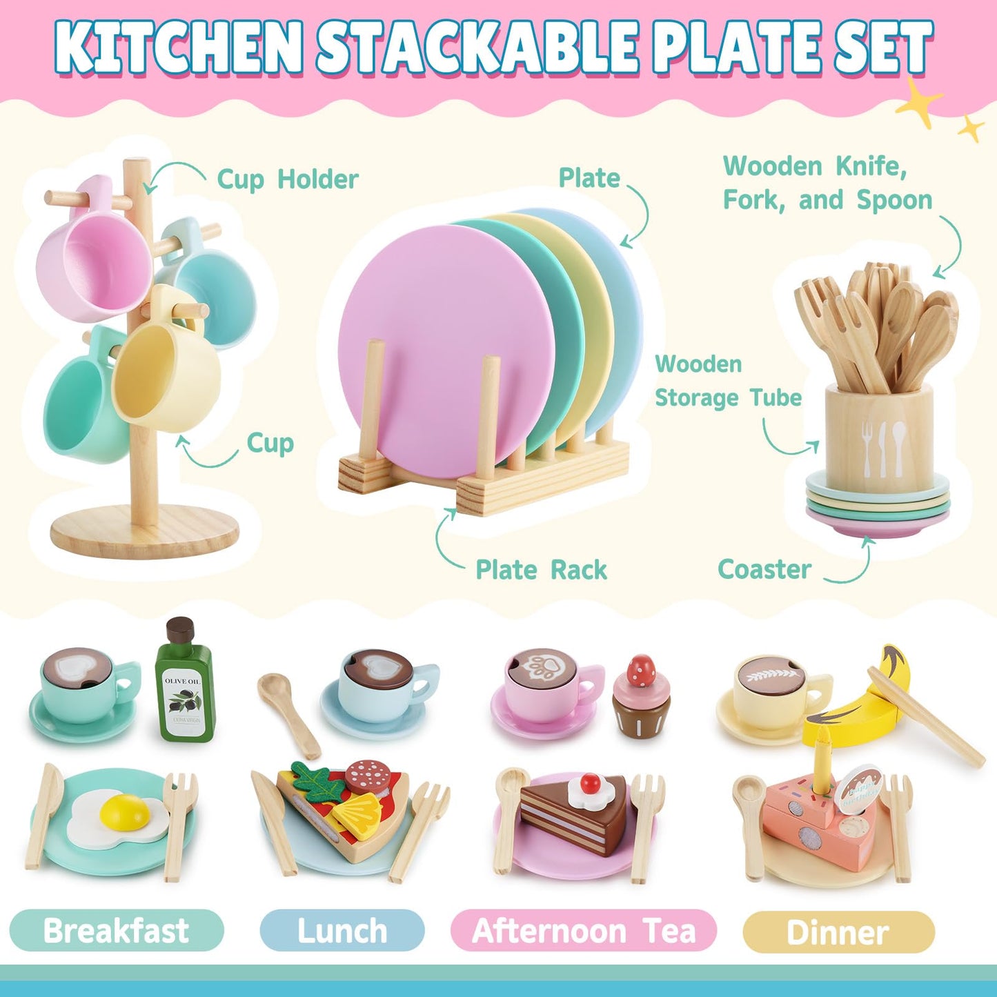 GAGAKU Kids Wooden Play Dishes Set – 27-Piece Montessori Kitchen Toys for Ages 3-5