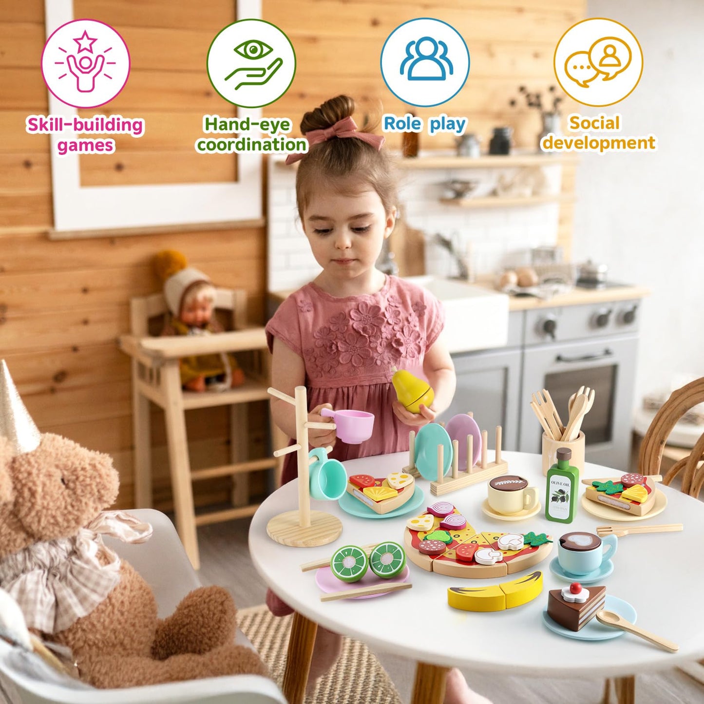 GAGAKU Kids Wooden Play Dishes Set – 27-Piece Montessori Kitchen Toys for Ages 3-5