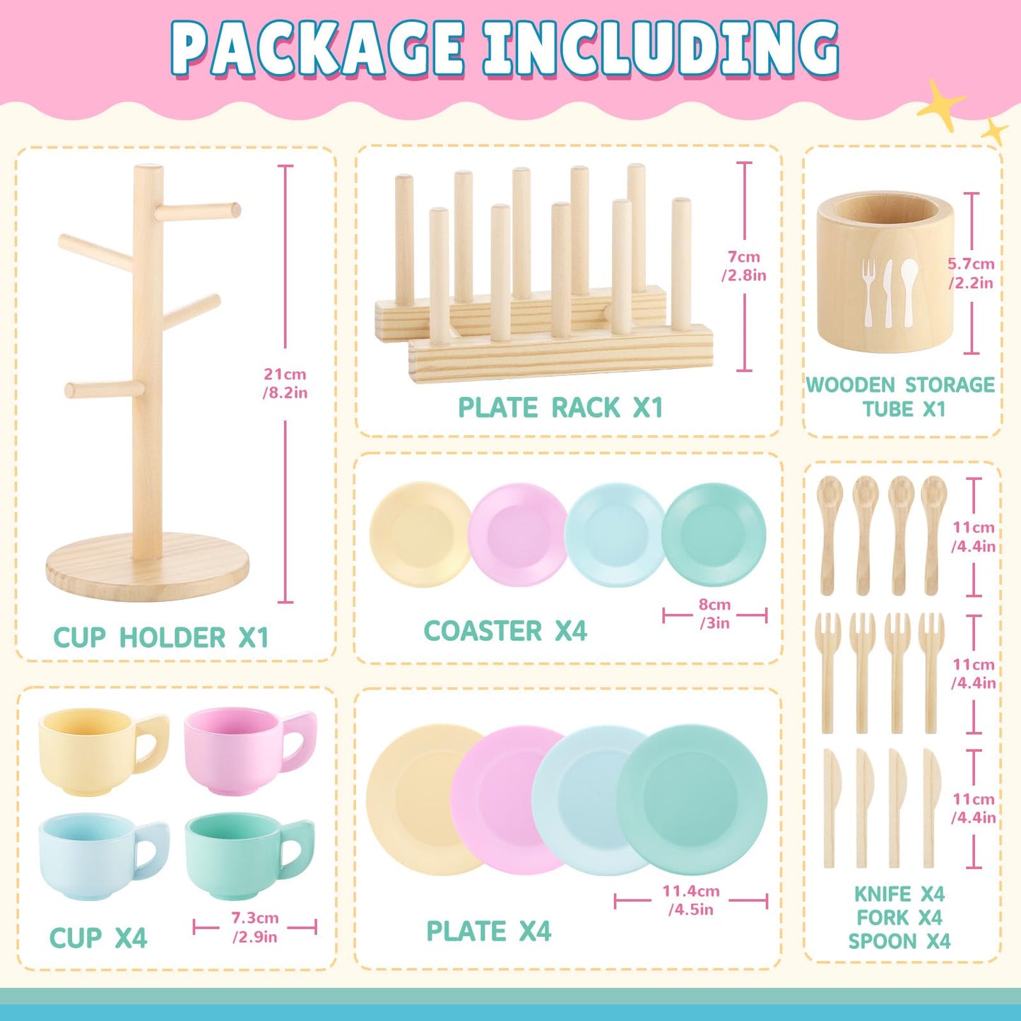 GAGAKU Kids Wooden Play Dishes Set – 27-Piece Montessori Kitchen Toys for Ages 3-5