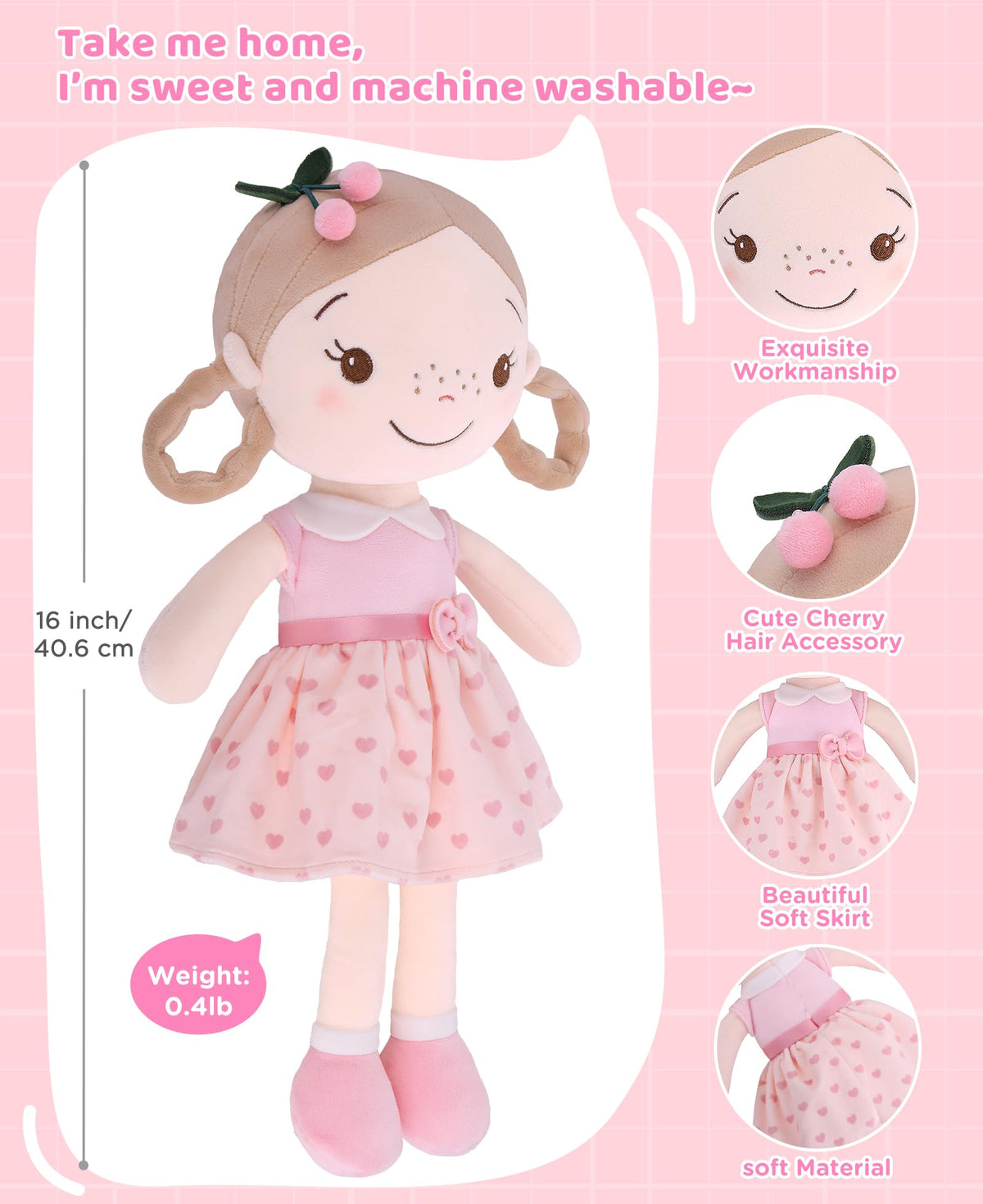 GAGAKU 16'' Soft Baby Doll Toys for Girls – My First Baby Rag Doll, Machine Washable, Cherry Girl