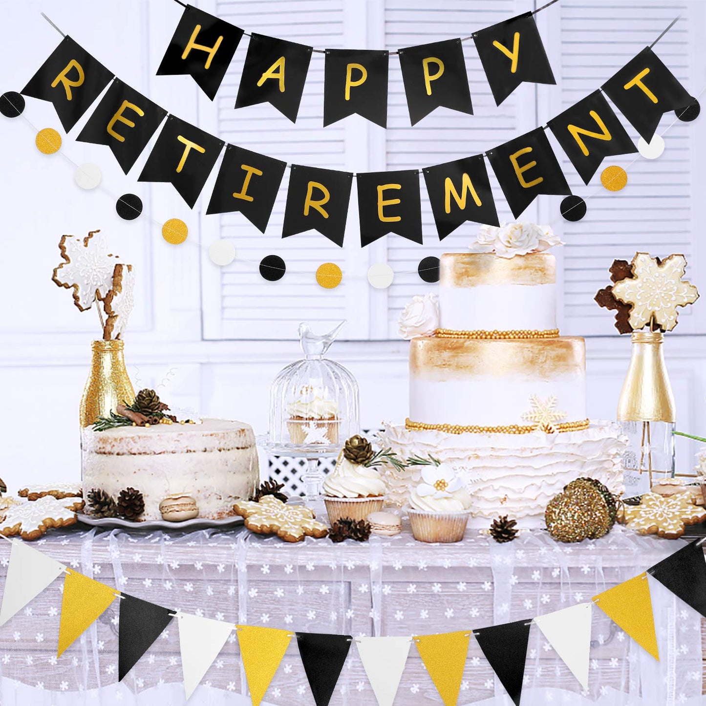 GAGAKU Happy Retirement Banner – Black & Gold Party Decorations Kit
