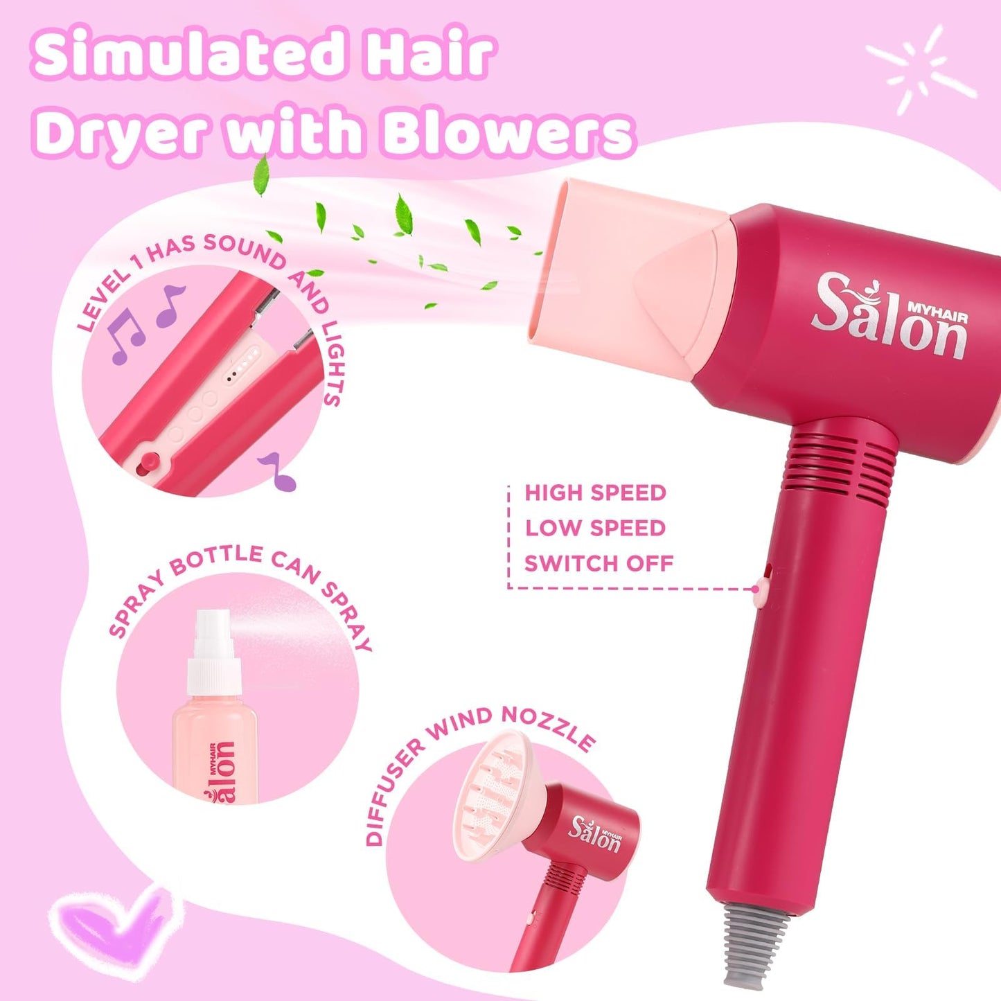 GAGAKU Pretend Hair Salon Kit for Girls – 22-Piece Dress-Up Set with Realistic Hair Dryer & Accessories