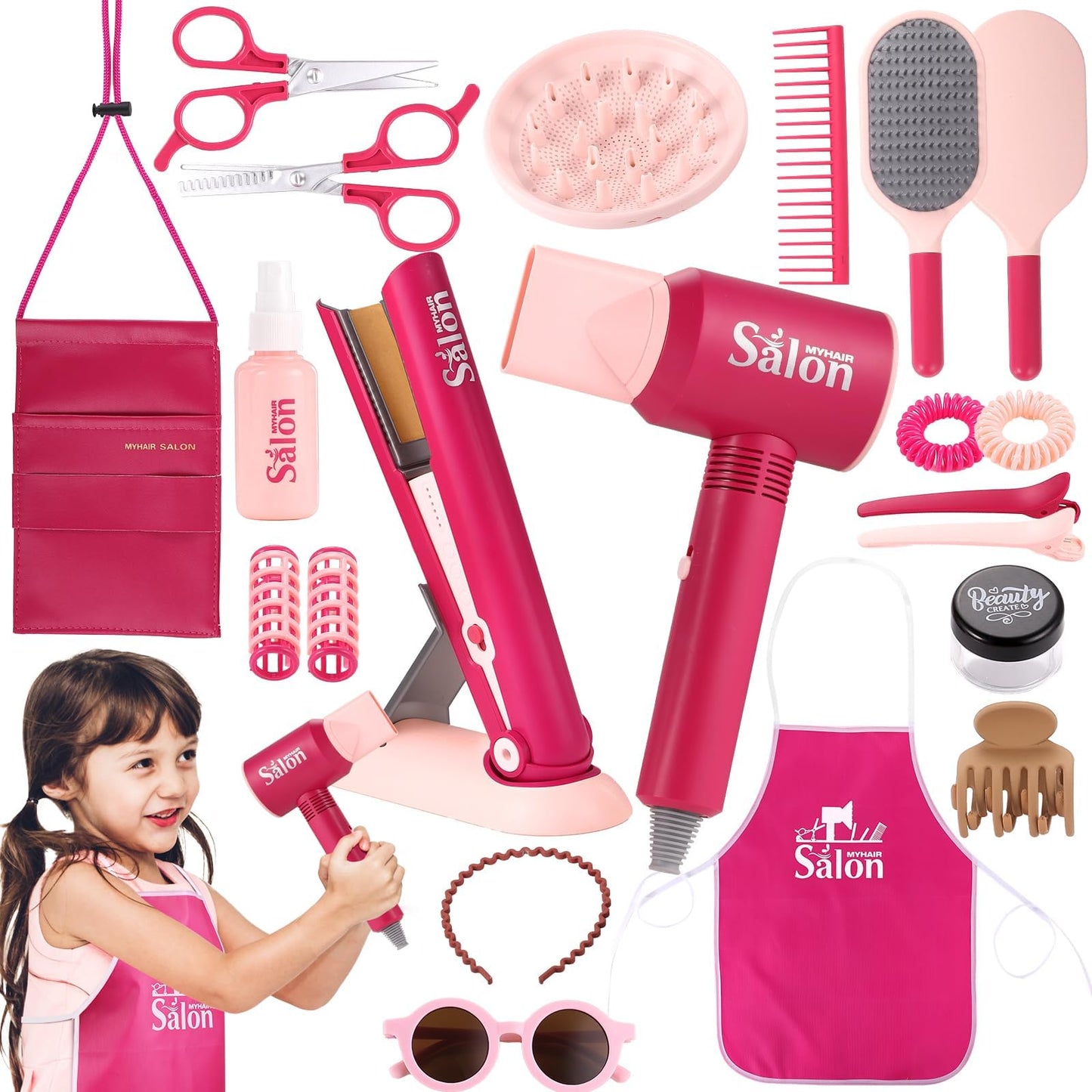 GAGAKU Pretend Hair Salon Kit for Girls – 22-Piece Dress-Up Set with Realistic Hair Dryer & Accessories