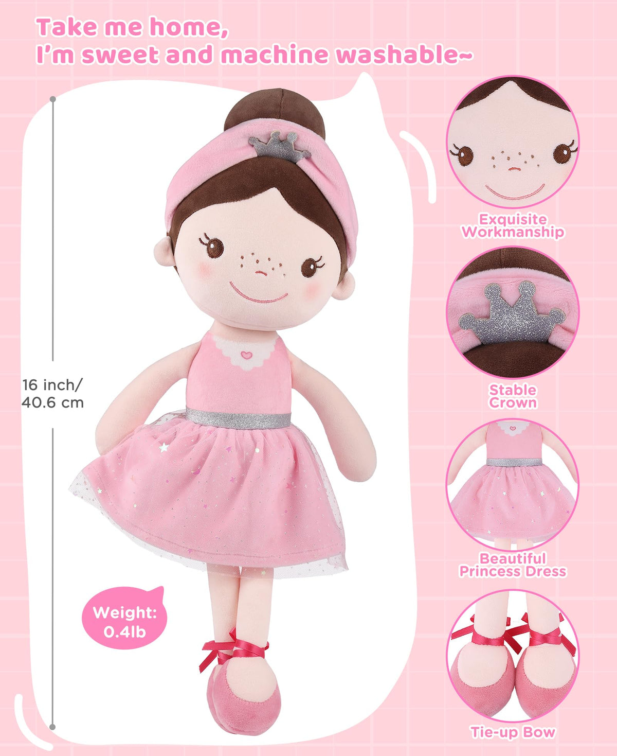 GAGAKU Soft 16-Inch Ballet Girl Baby Doll – My First Rag Doll for 1+ Year Old Girls, Machine Washable Plush Toy