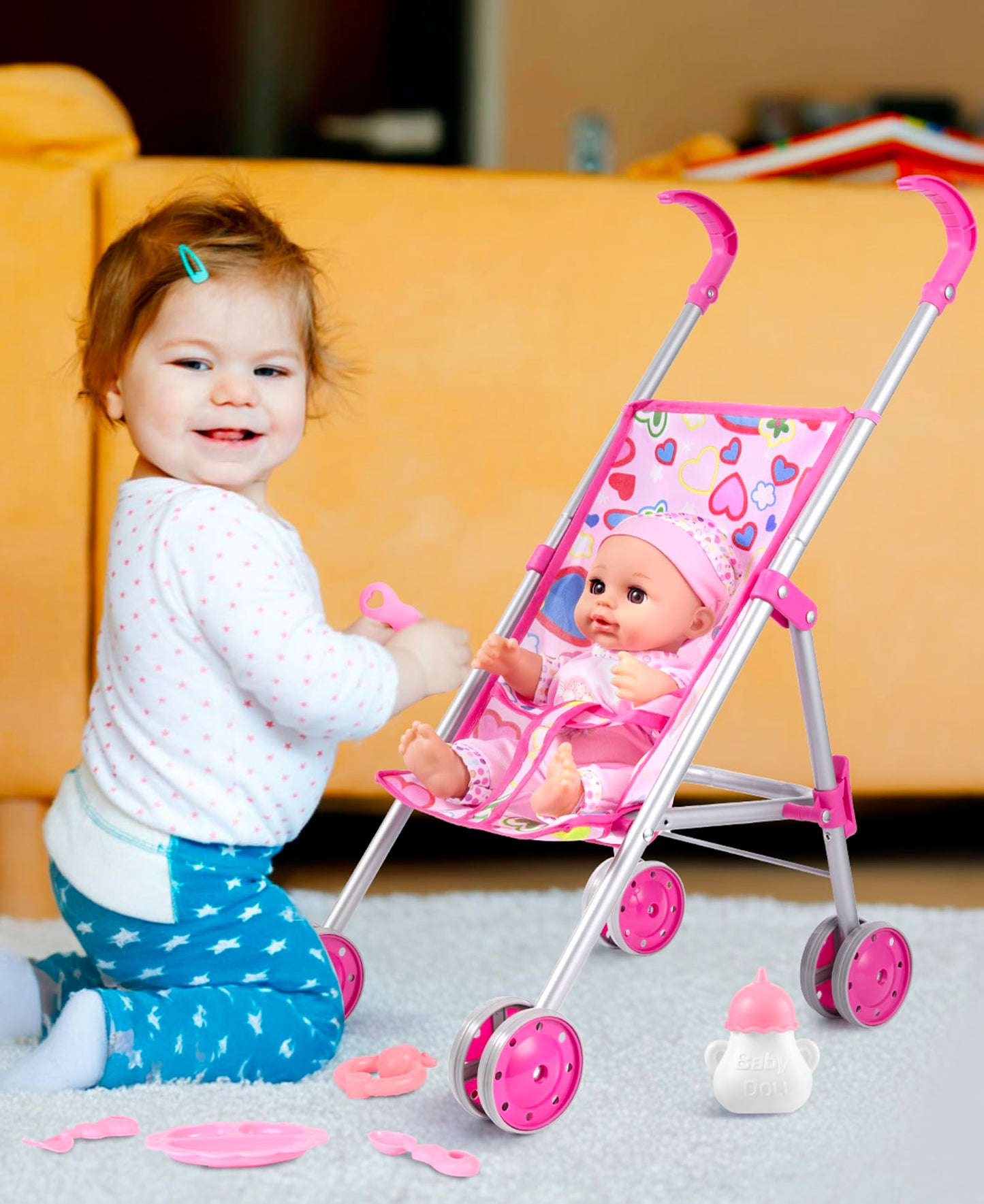 GAGAKU Baby Doll Stroller Playset – 12-Inch Doll & Accessories, Foldable Toy Stroller for Kids 1-6