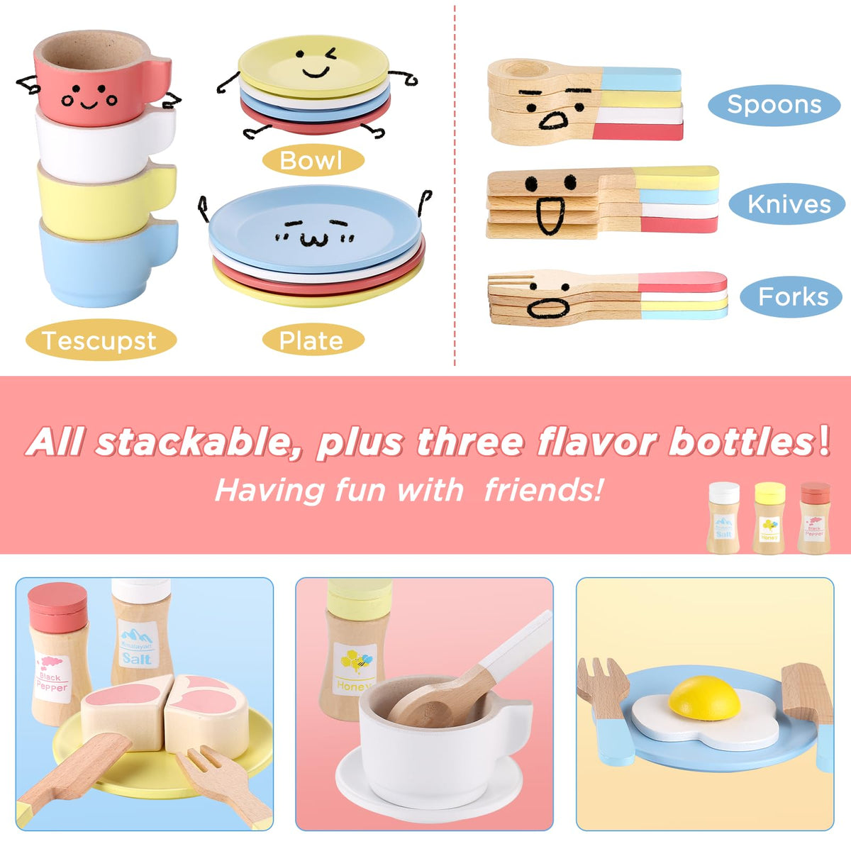 GAGAKU 27-Piece Wooden Play Kitchen Set – Dishes & Plates Montessori Toy for Kids 3-8