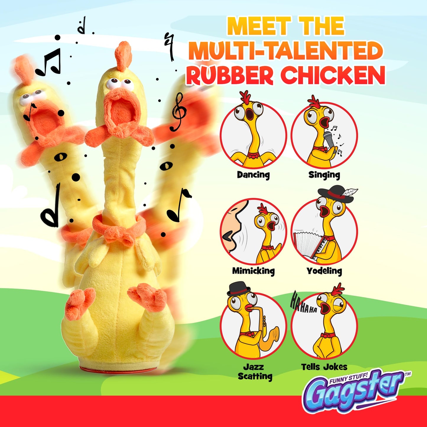 Gagster Rubber Chicken Dancing Toy – Repeats Your Words & Tells Jokes