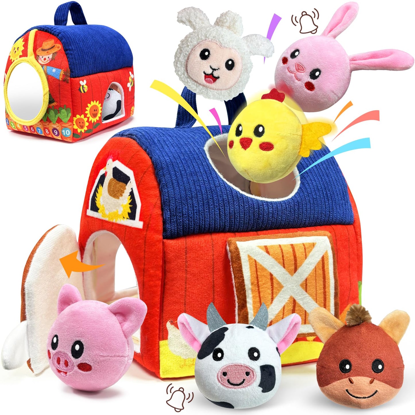 Gagule Montessori Farm Barn Toy for 6-12 Months | Plush Animals, Rattle, Crinkle & Mirror