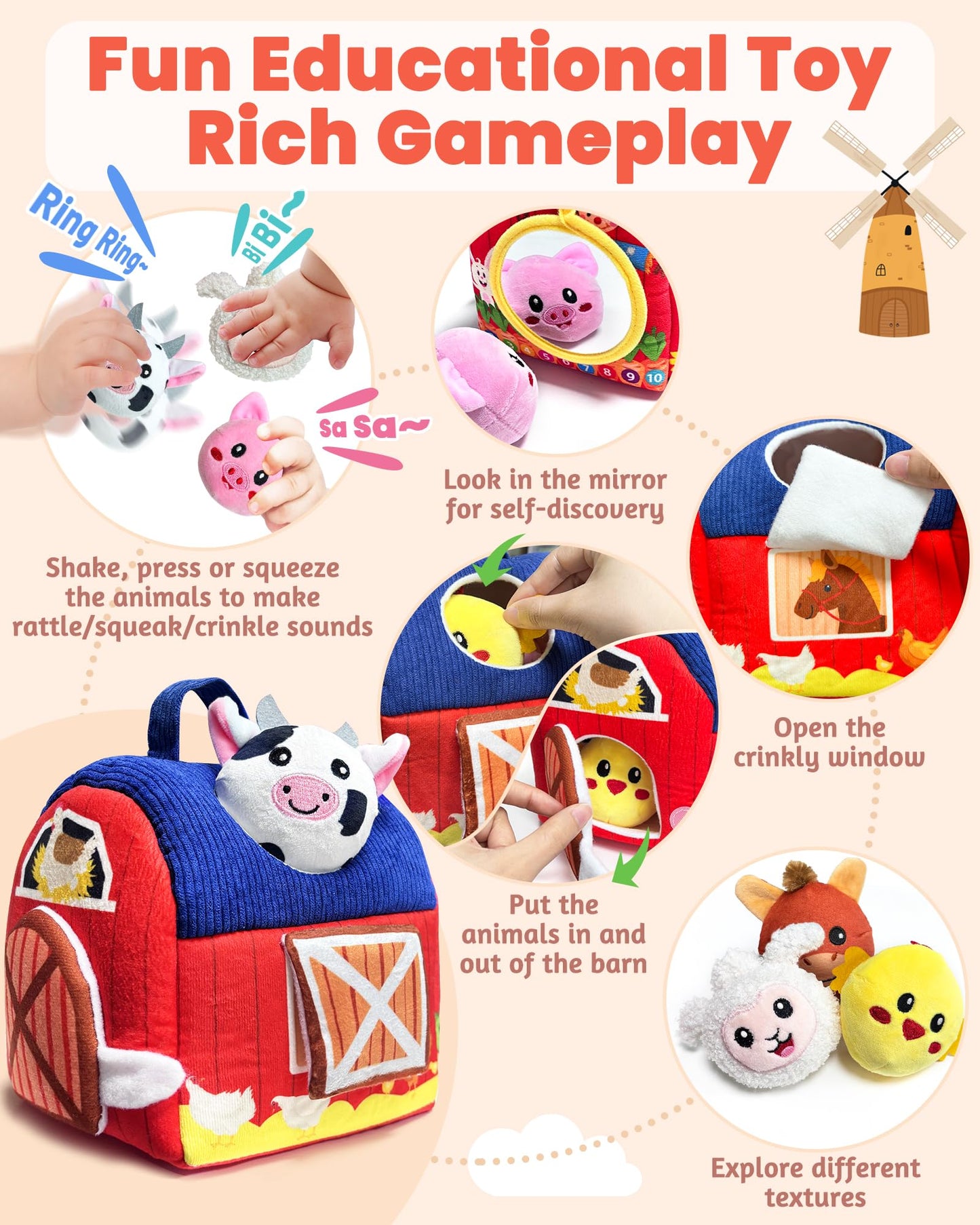 Gagule Montessori Farm Barn Toy for 6-12 Months | Plush Animals, Rattle, Crinkle & Mirror