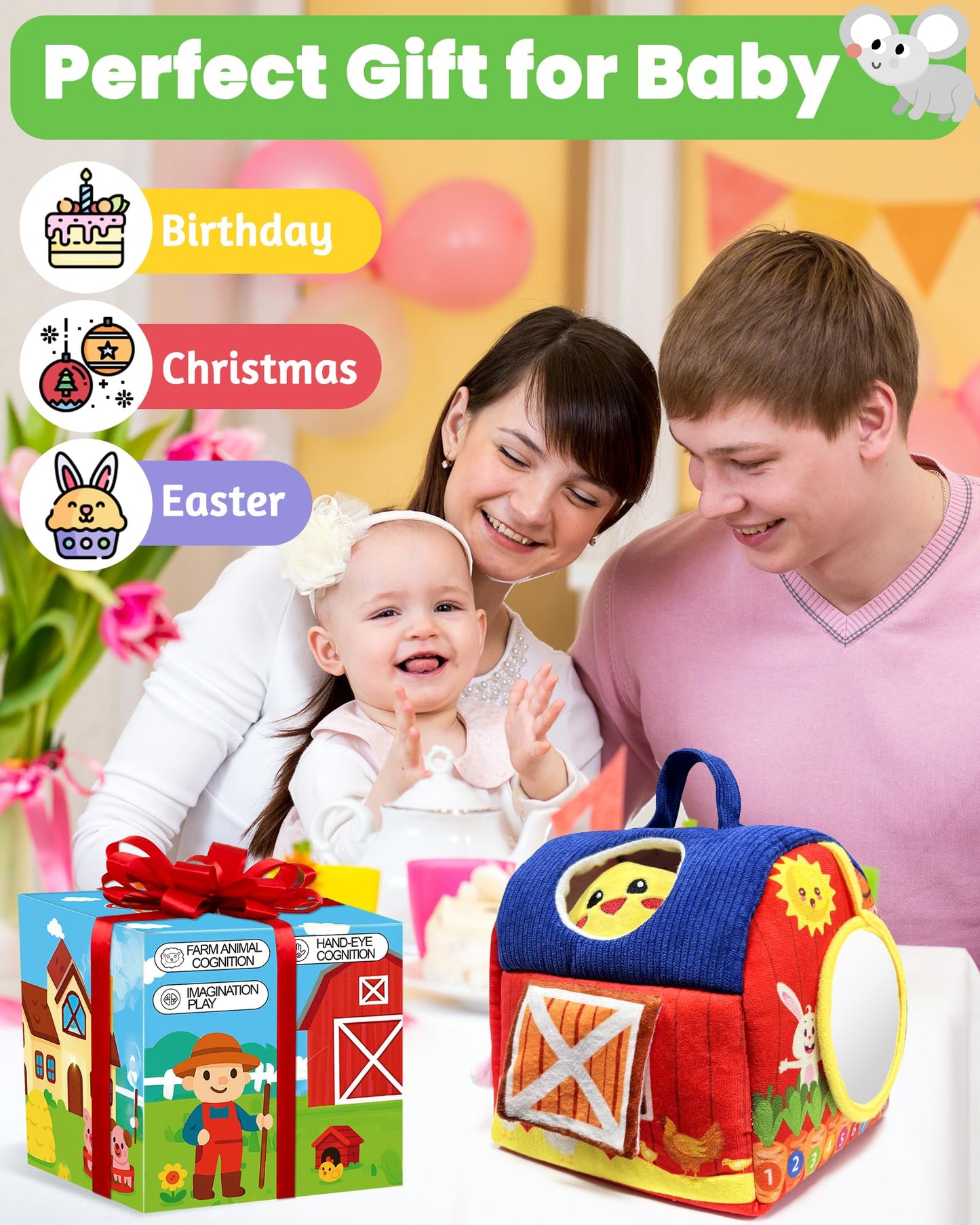 Gagule Montessori Farm Barn Toy for 6-12 Months | Plush Animals, Rattle, Crinkle & Mirror