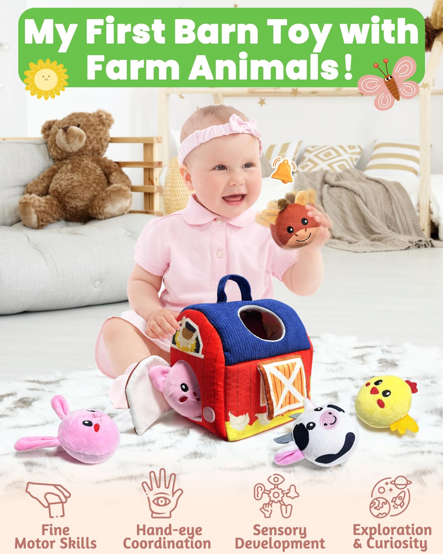 Gagule Montessori Farm Barn Toy for 6-12 Months | Plush Animals, Rattle, Crinkle & Mirror
