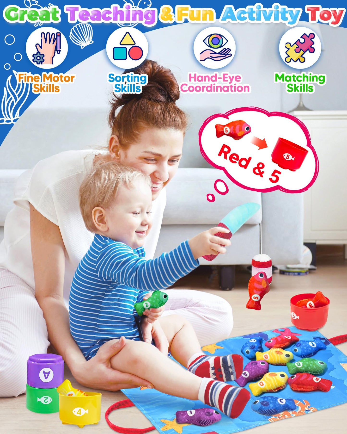 Gagule Montessori Fishing Toy Set for Toddlers 12-18 Months – 22-Piece Sensory Learning Kit