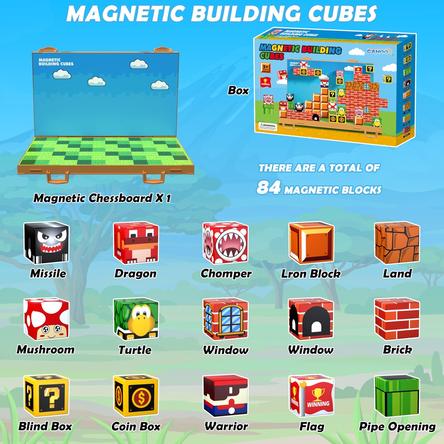 GaHoo Magnetic Blocks - 3D Building Tiles with Foldable Board (Ages 3-10)