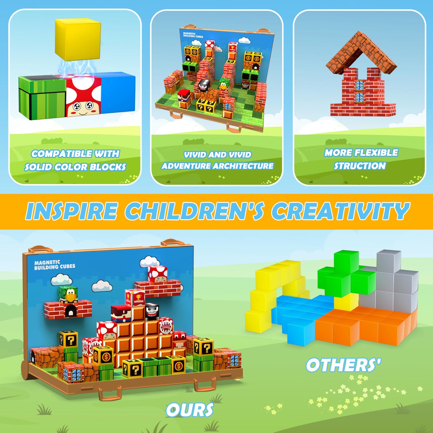 GaHoo Magnetic Blocks - 3D Building Tiles with Foldable Board (Ages 3-10)