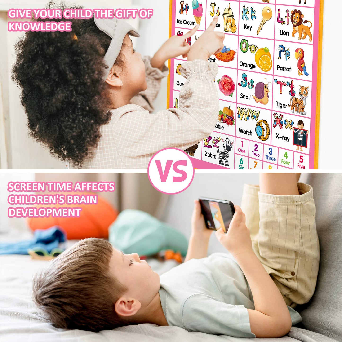 GaHoo Interactive Alphabet Wall Chart - Talking ABCs & 123s Poster for Toddlers (Pink)