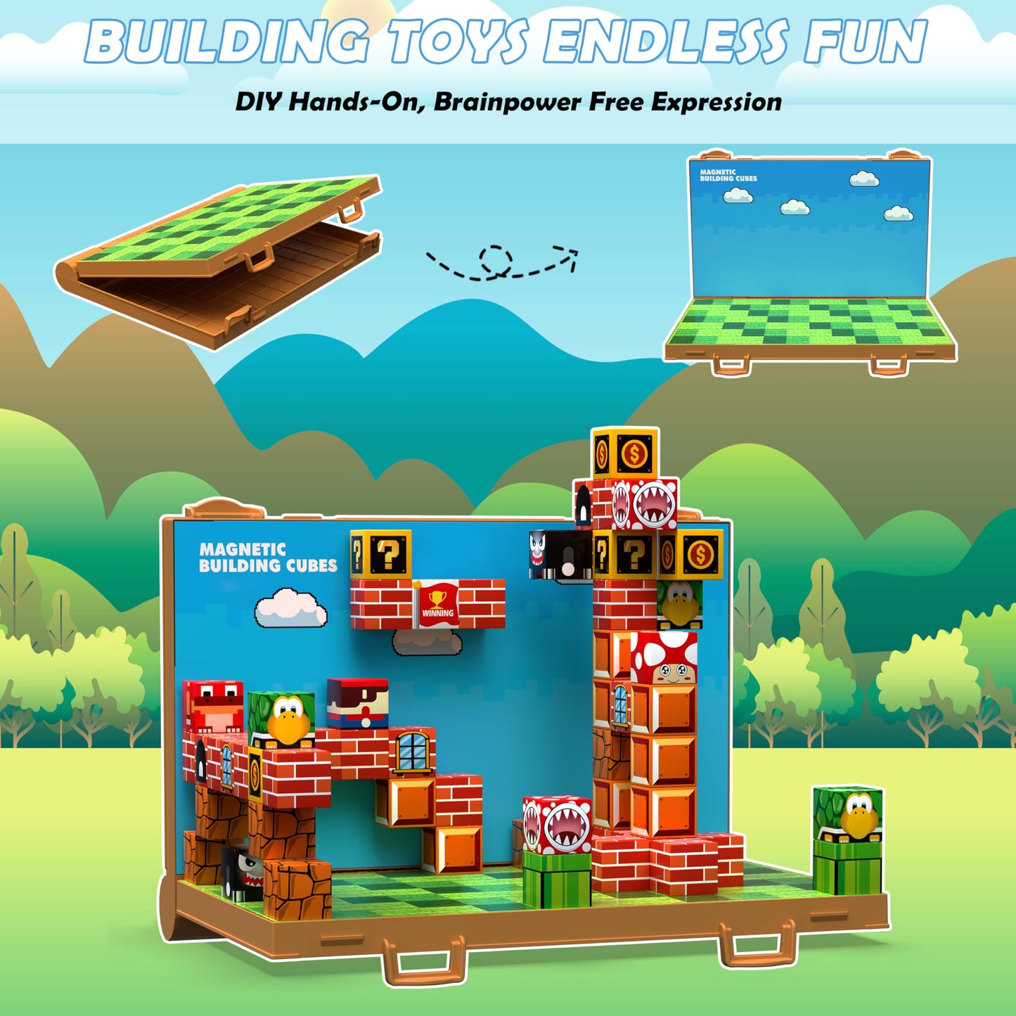 GaHoo Magnetic Blocks - 3D Building Tiles with Foldable Board (Ages 3-10)