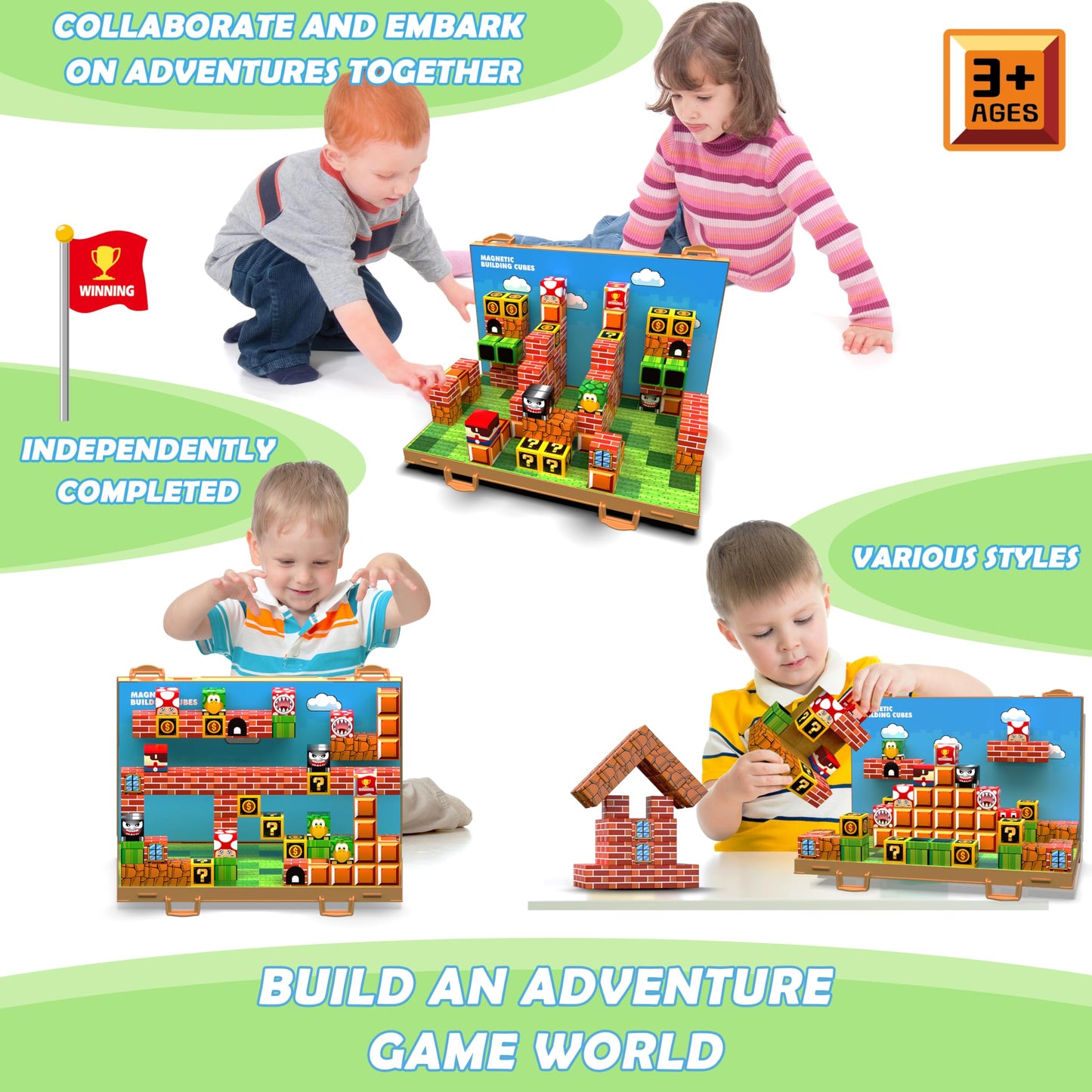 GaHoo Magnetic Blocks - 3D Building Tiles with Foldable Board (Ages 3-10)