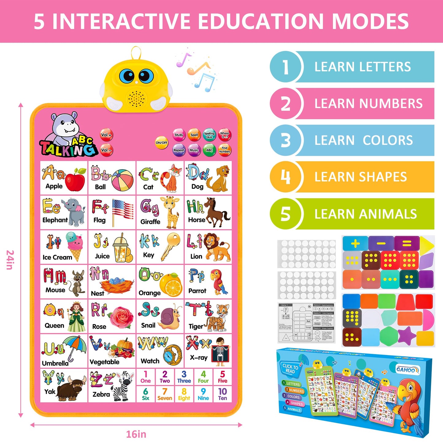 GaHoo Interactive Alphabet Wall Chart - Talking ABCs & 123s Poster for Toddlers (Pink)