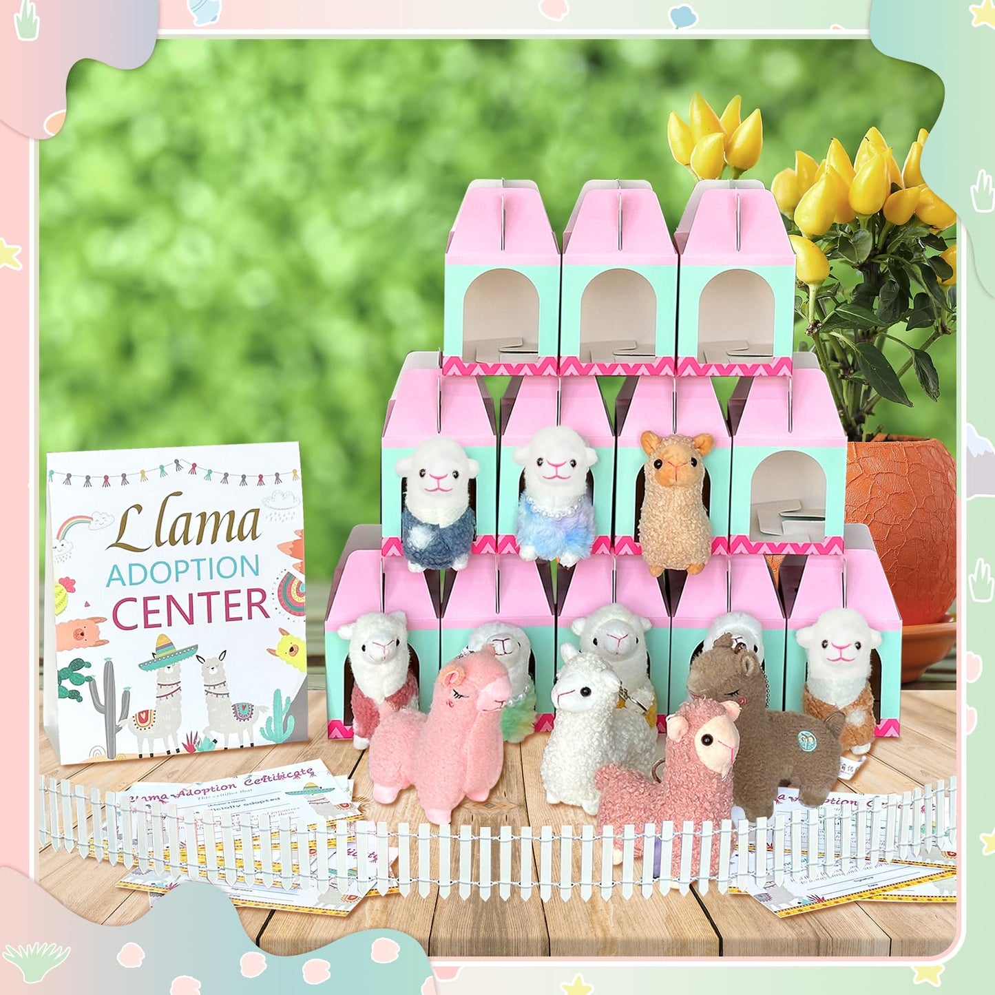 Gaiaring 38 Pcs Adopt A Pet Llama Party Favor Set | 12 Plush Llamas, 12 Foldable Boxes, 12 Adoption Certificates, Fence & Stand