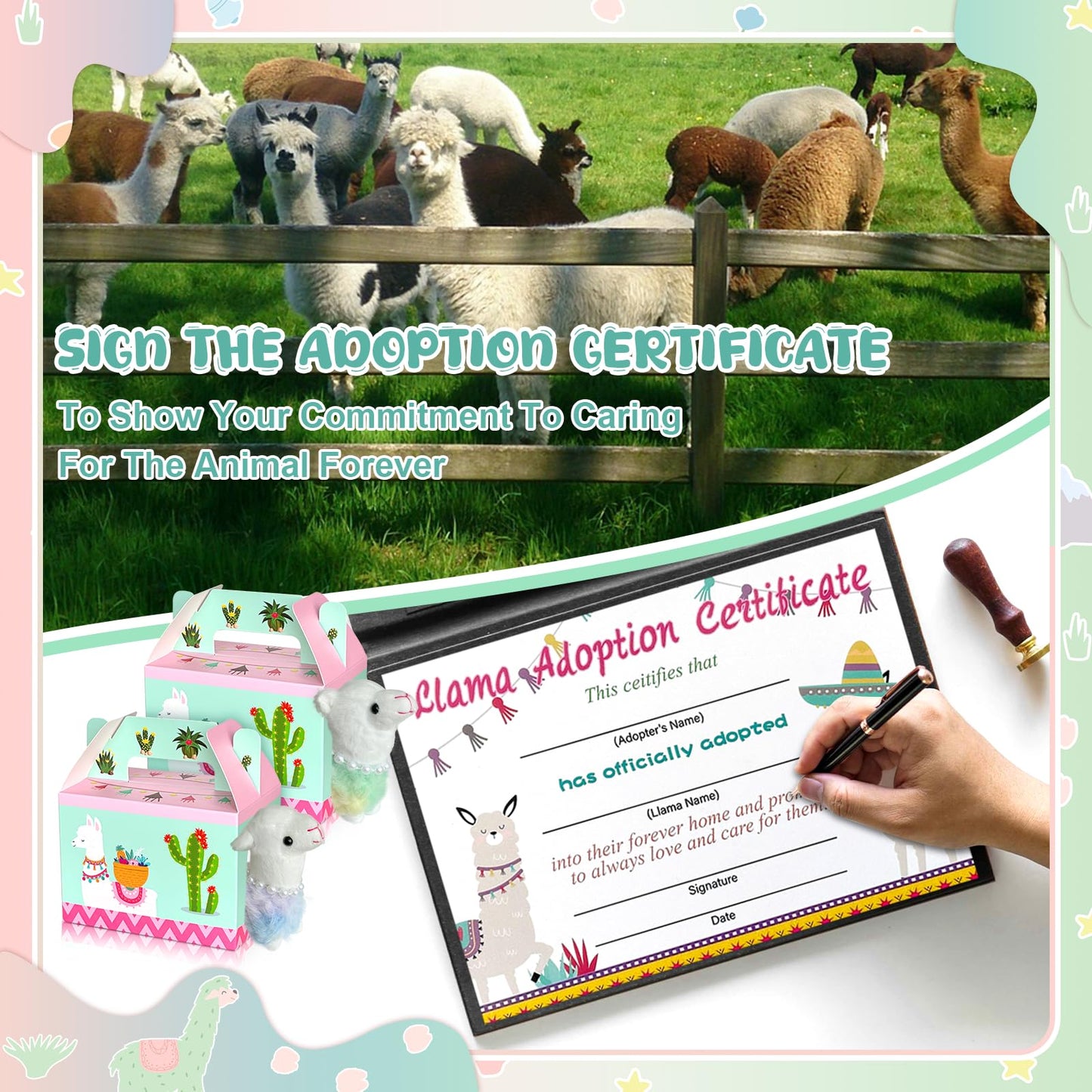 Gaiaring 38 Pcs Adopt A Pet Llama Party Favor Set | 12 Plush Llamas, 12 Foldable Boxes, 12 Adoption Certificates, Fence & Stand