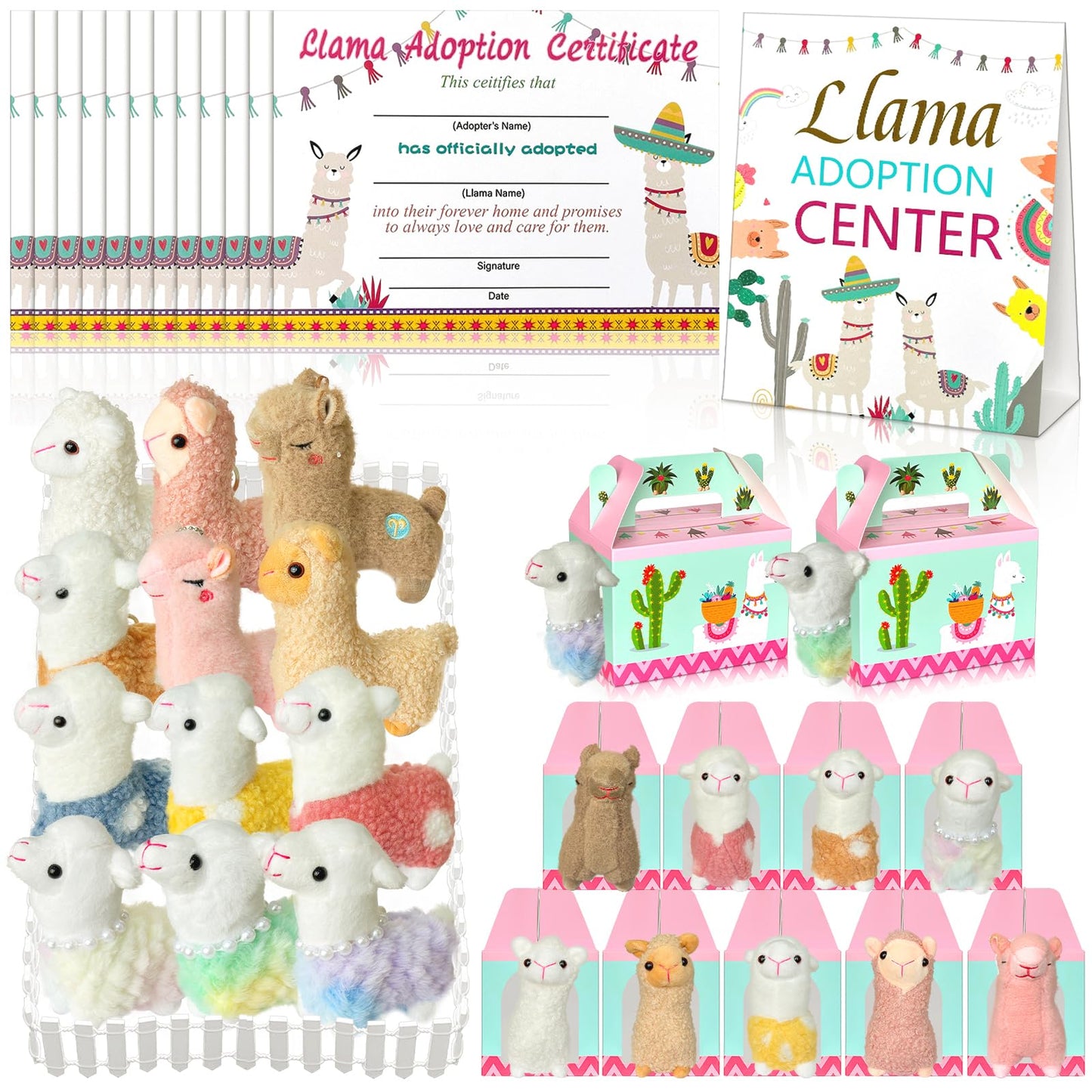 Gaiaring 38 Pcs Adopt A Pet Llama Party Favor Set | 12 Plush Llamas, 12 Foldable Boxes, 12 Adoption Certificates, Fence & Stand