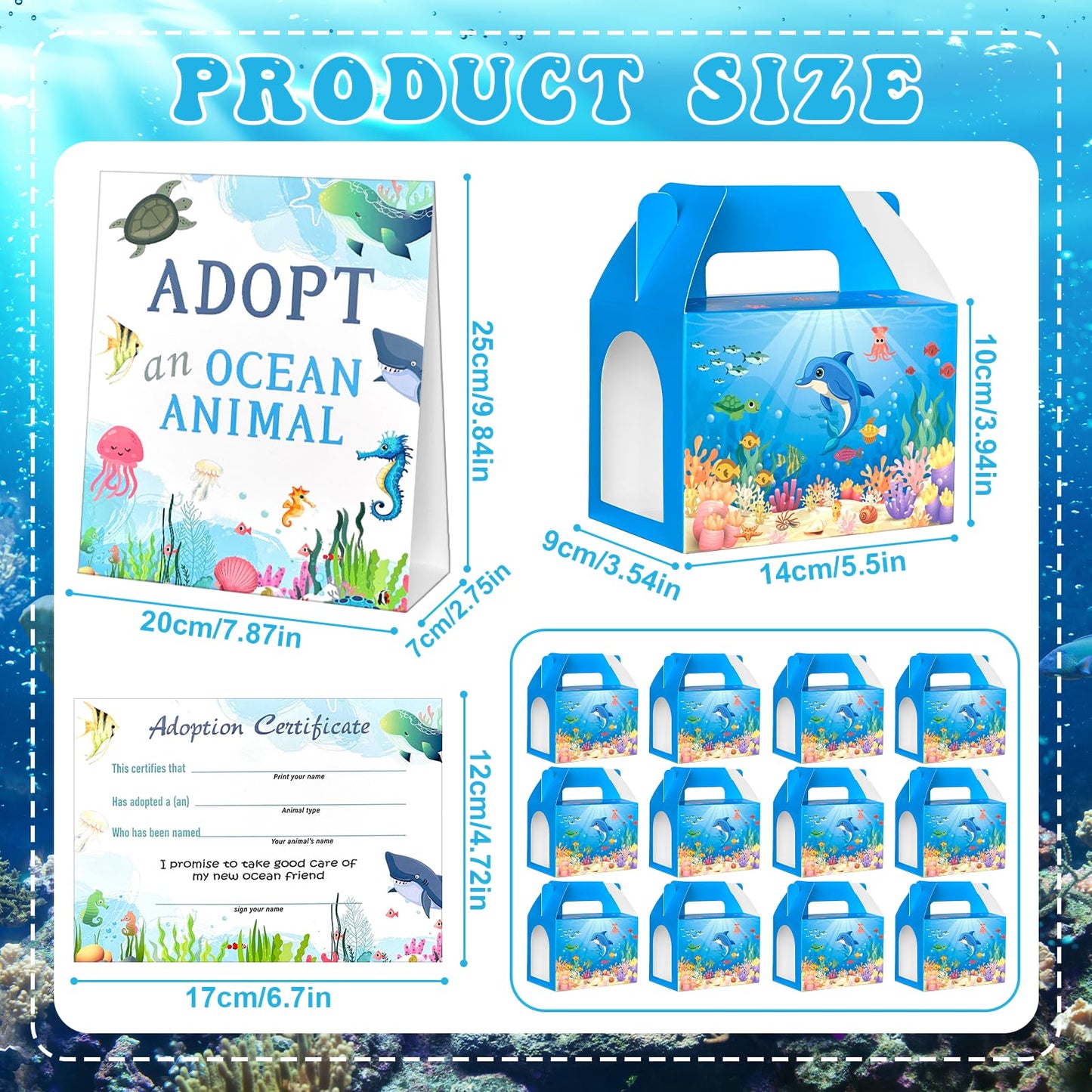 Gaiaring 38 Pcs Adopt-A-Sea Animal Party Favors – Mini Plush Sea Animals, Boxes, Adoption Cards & Signboard