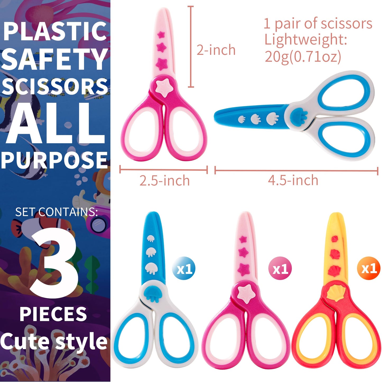 GAIFONGRE 3-Piece Toddler Plastic Safety Scissors – Blunt Tip 4.5-Inch Preschool Training Scissors for Kids