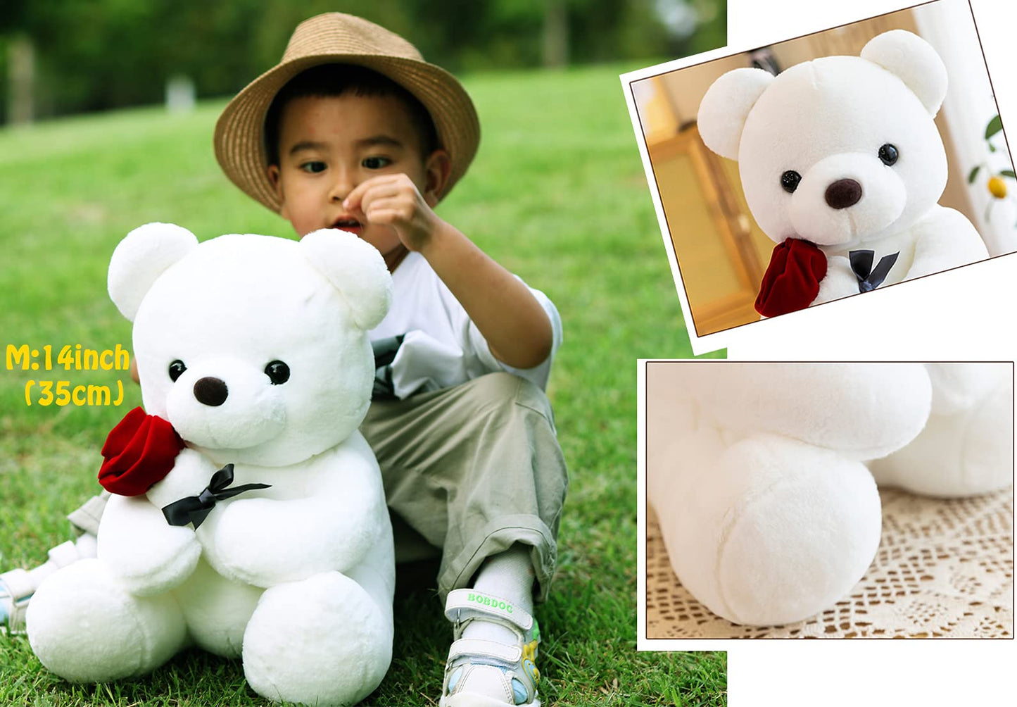 GailiMaiYa Teddy Bear Plush with Rose – Soft Huggable Gift (9.84 inches, White)