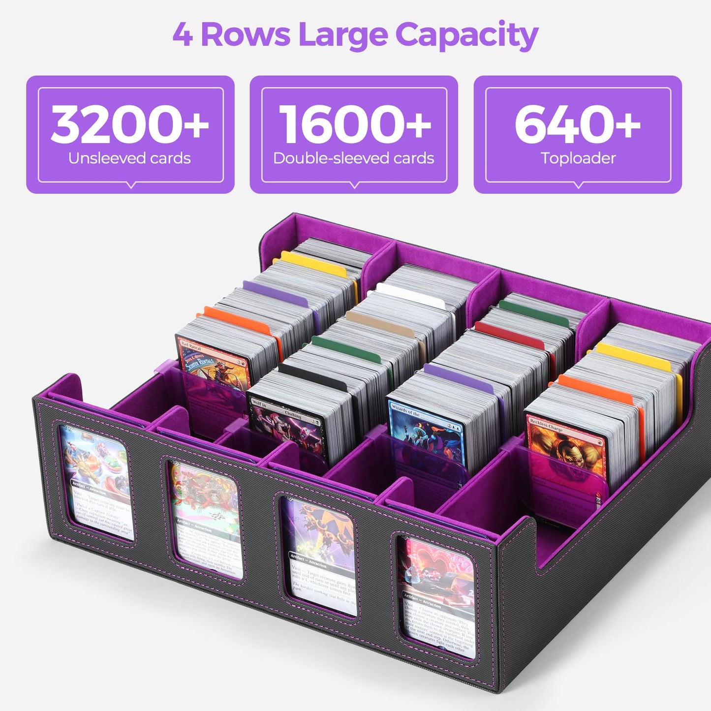 GAISTEN 4-Row Card Storage Box – 3200 Capacity, Commander Display, Purple