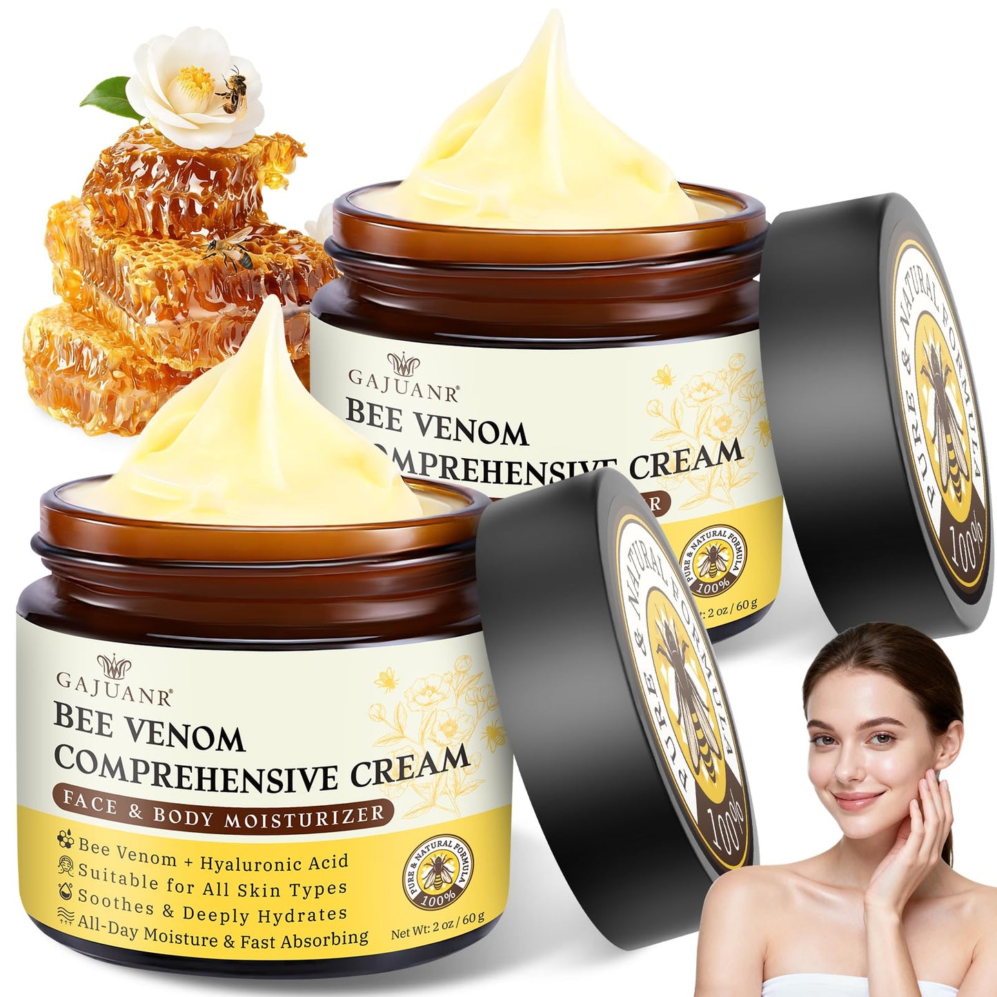 GAJUANR Bee Venom Moisturizing Cream – All-in-One Nourishing Cream with Hyaluronic Acid, Lightweight Daily Moisturizer (2 x 60g)