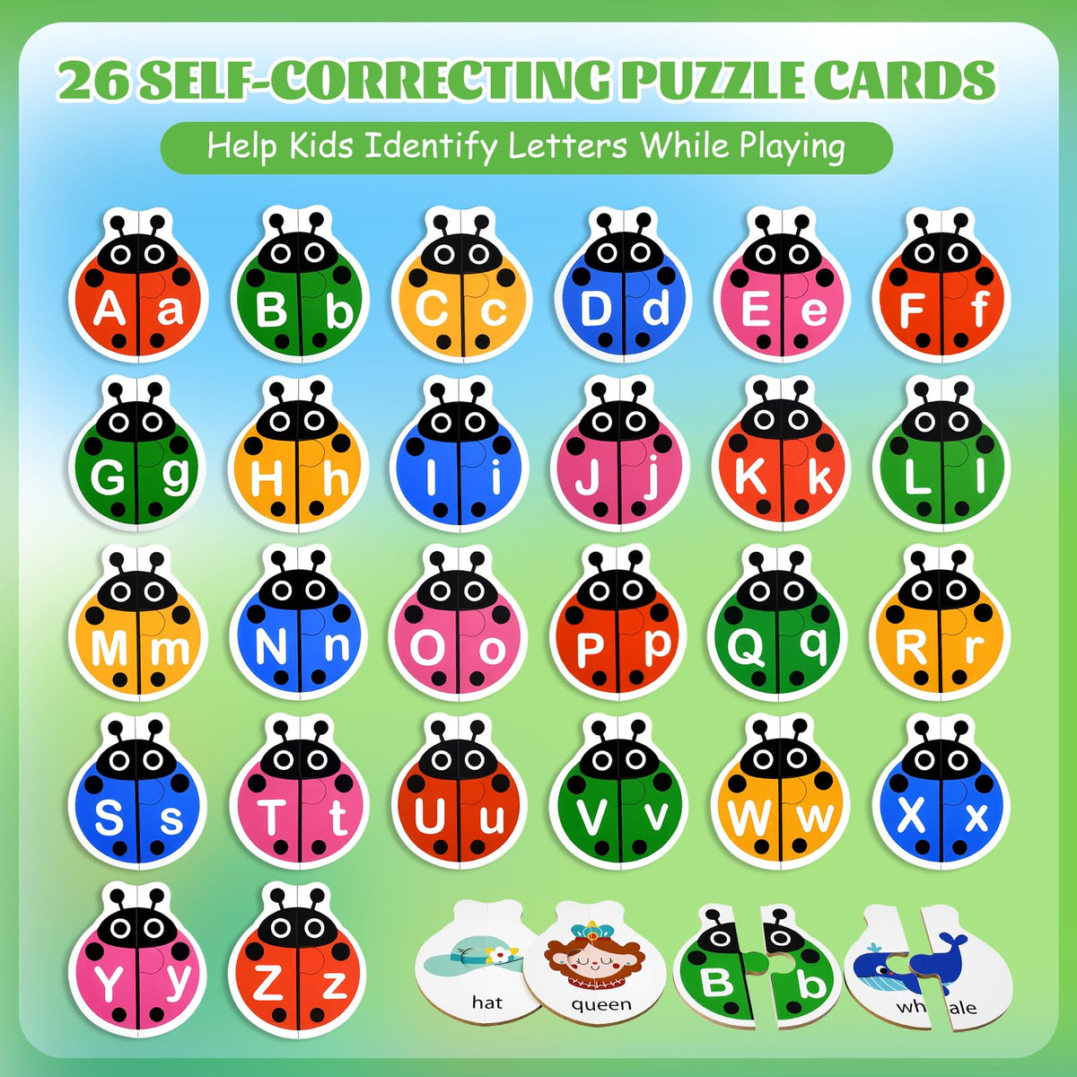 GAKICO Ladybug Self-Correcting Alphabet Puzzle — Montessori Letter Matching for Toddlers 3-5 (52 Cards)