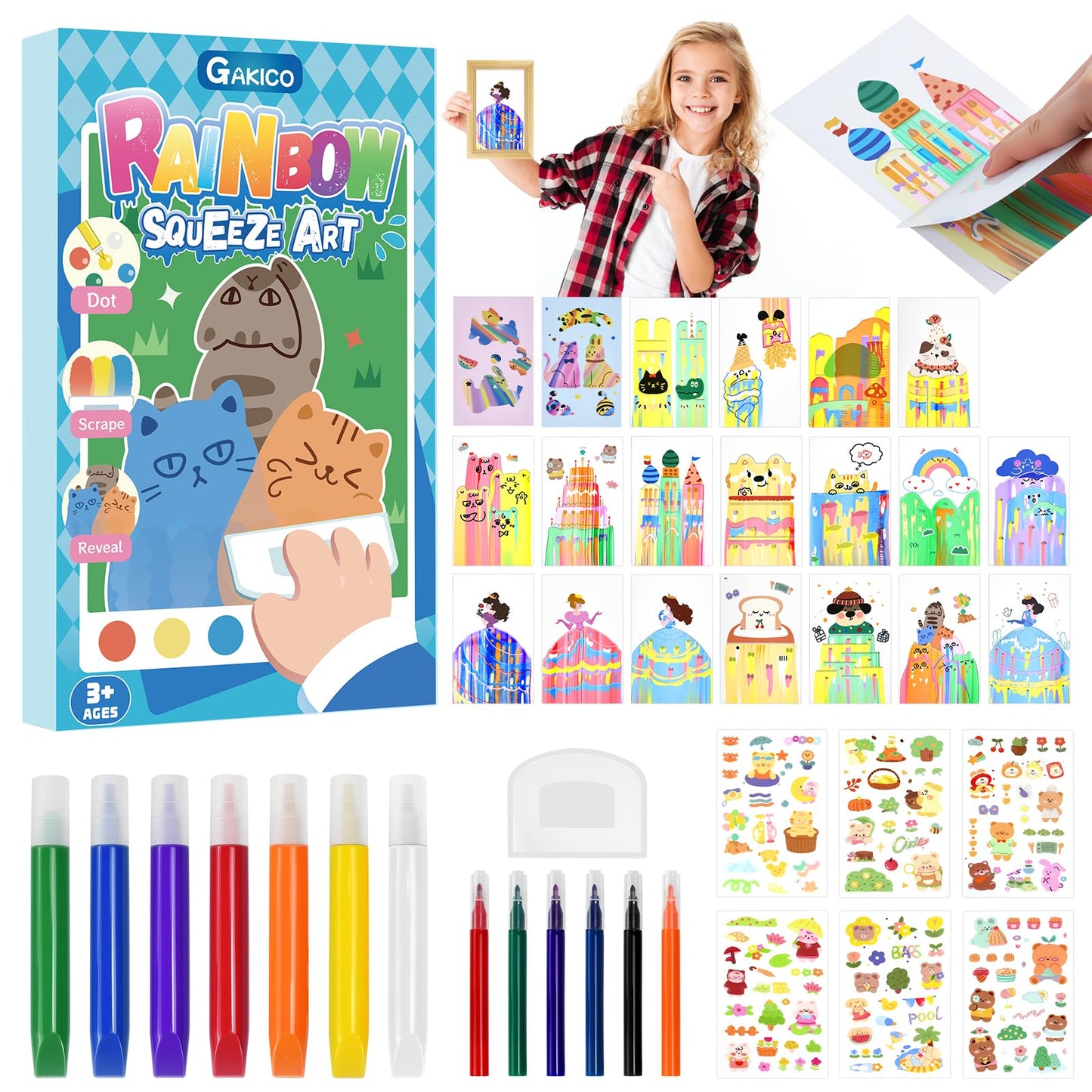 GAKICO Rainbow Scratch Art for Kids – Squeegee Painting Kit & Postcard Design Set
