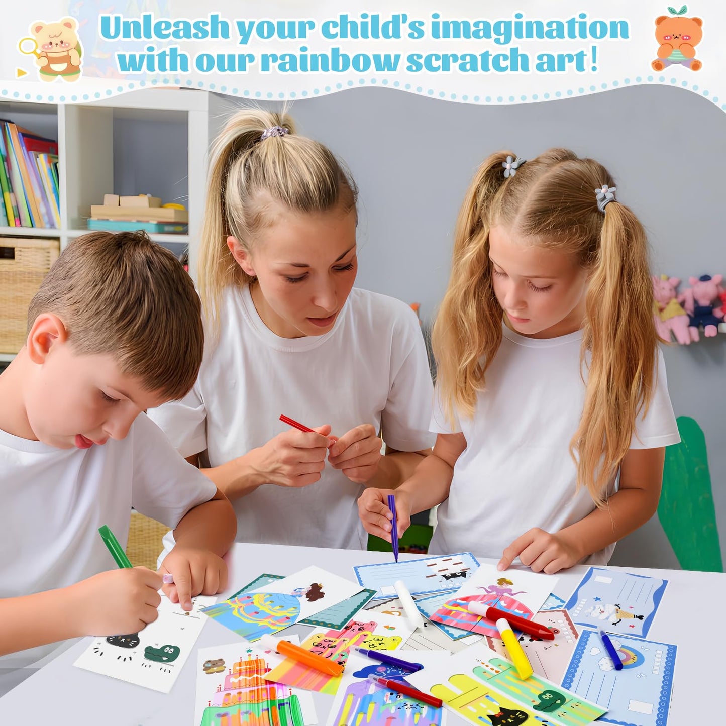 GAKICO Rainbow Scratch Art for Kids – Squeegee Painting Kit & Postcard Design Set