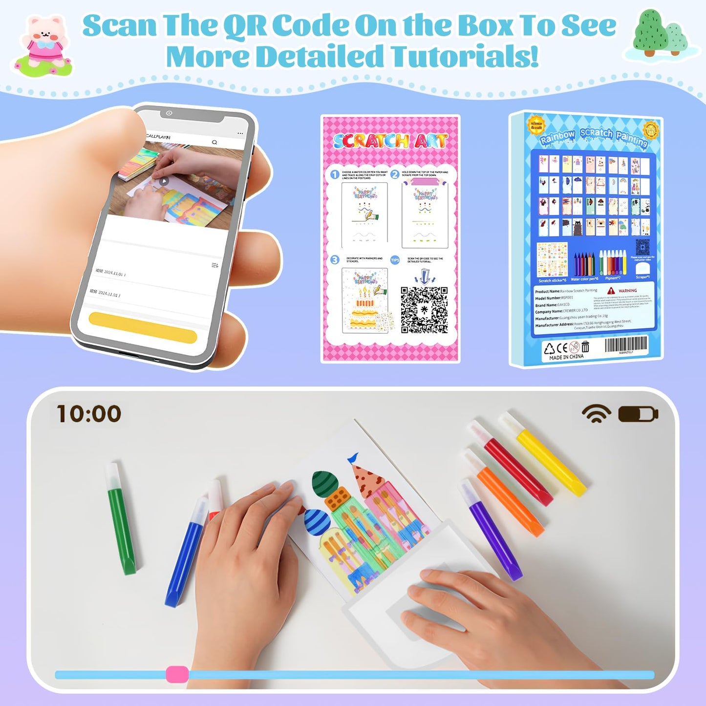 GAKICO Rainbow Scratch Art for Kids – Squeegee Painting Kit & Postcard Design Set