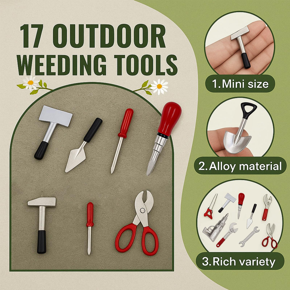 GALAOMA 17-Piece 1:12 Miniature Dollhouse Tools Set – Metal Home Repair Toy & Decor