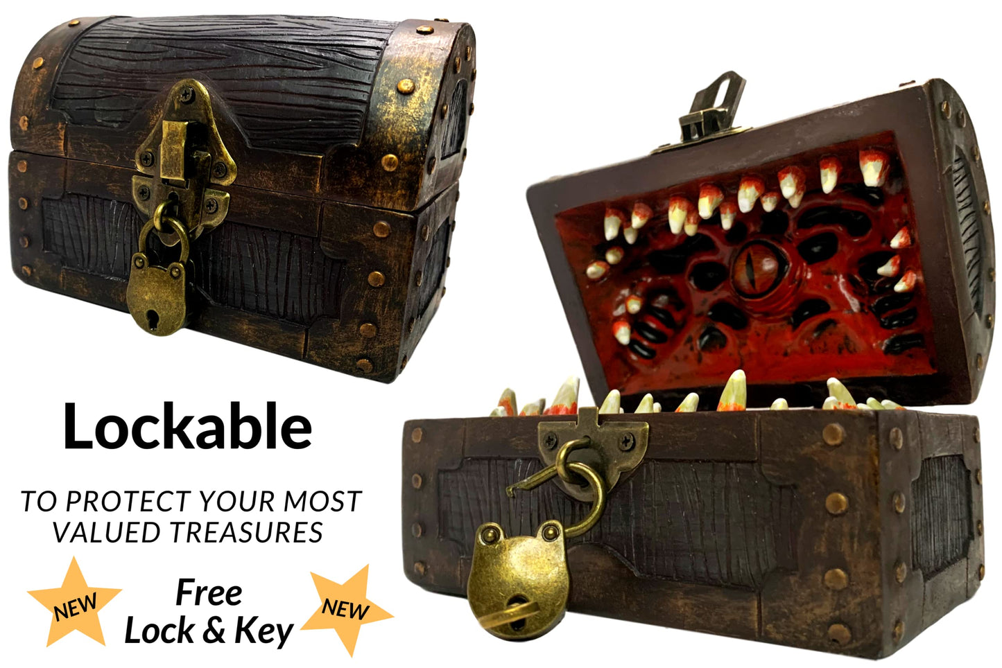 Galdor's Guild Mimic Chest Dice Storage Box – Free Lock & Key | Holds 6 Polyhedral Dice Sets (Large)