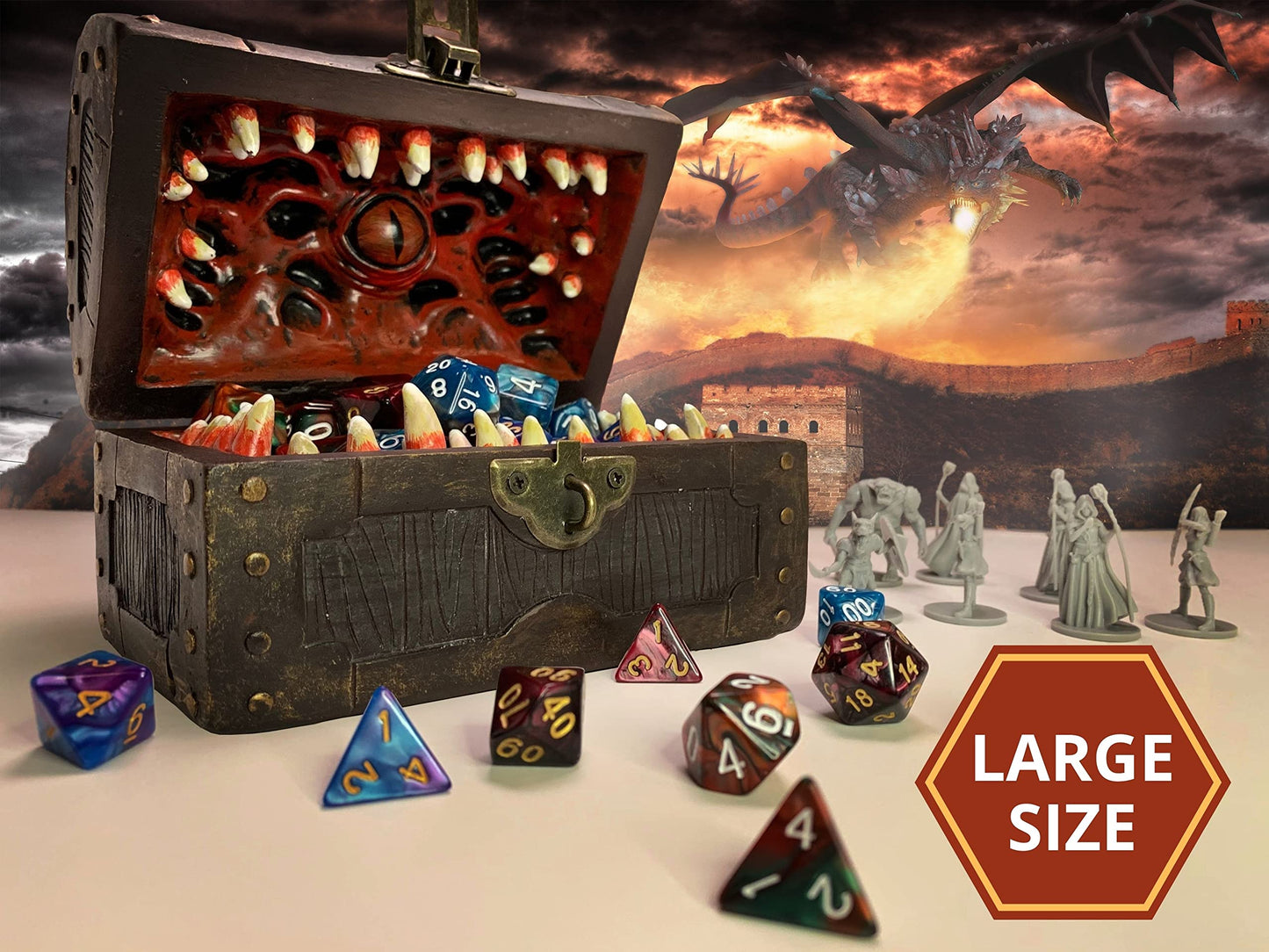 Galdor's Guild Mimic Chest Dice Storage Box – Free Lock & Key | Holds 6 Polyhedral Dice Sets (Large)
