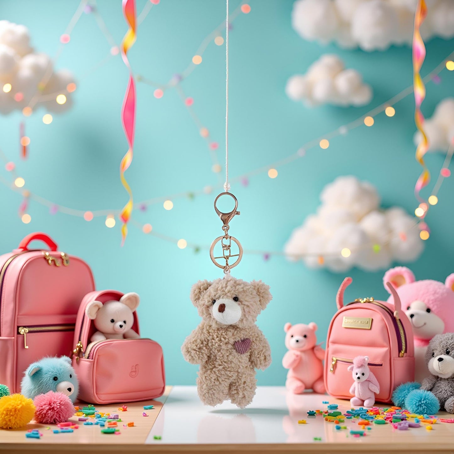Galepromot Brown Bear Pink Heart Plush Keychain – Soft Cotton Backpack Charm