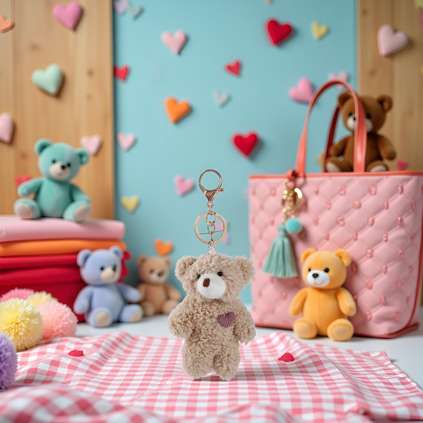 Galepromot Brown Bear Pink Heart Plush Keychain – Soft Cotton Backpack Charm