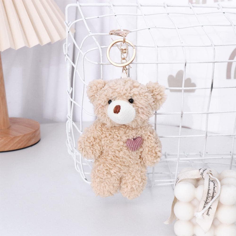 Galepromot Brown Bear Pink Heart Plush Keychain – Soft Cotton Backpack Charm