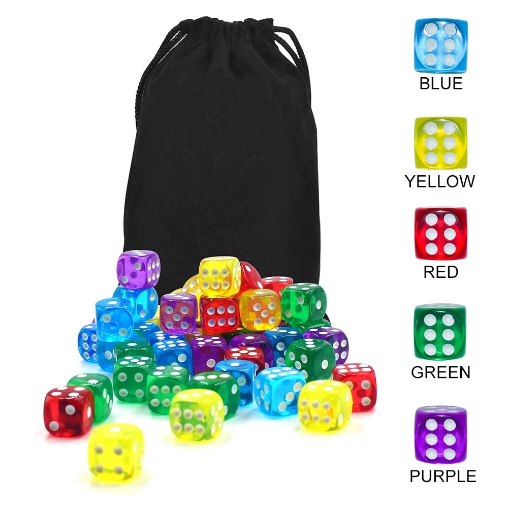 GALIREN 50-Pack 14mm 6-Sided Dice Set | Translucent Colors with Black Pouch