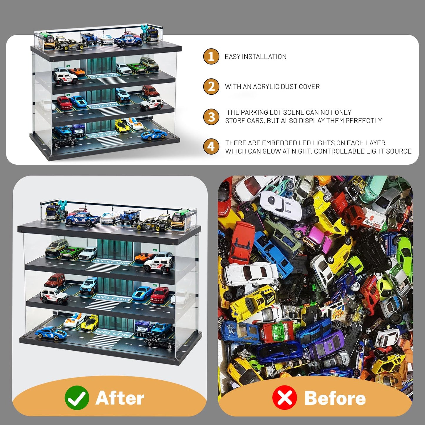 GALUMO 4-Level LED Display Case for 1:64 Die-Cast Cars | Hot Wheels & Matchbox