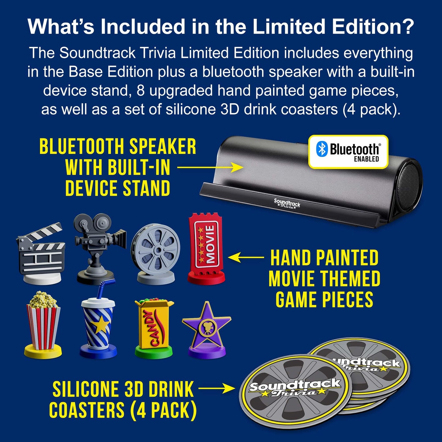 Soundtrack Trivia Limited Edition Movie Game by GAME NIGHT MEDIA | Bluetooth Speaker, Hand-Painted Pieces & Coasters