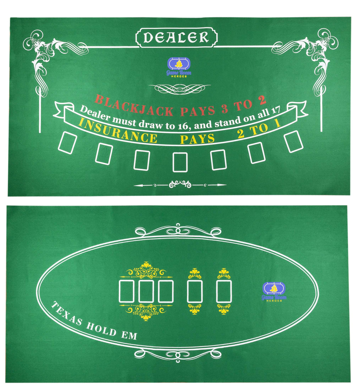 Game Room Heroes Tabletop Casino Felt – Double-Sided Poker & Blackjack Layout, 36x70 in