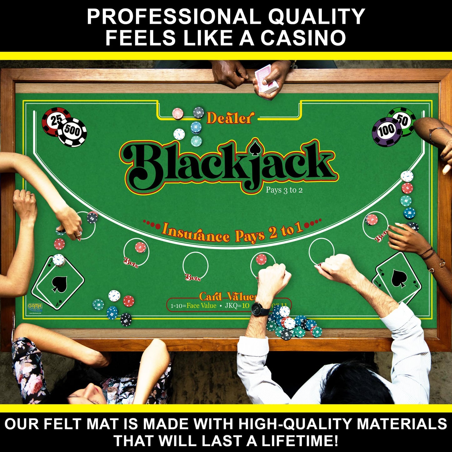 Gamie Double-Sided Felt Casino Mat — 36 by 72 Inches, 2-in-1 Texas Hold’em & Blackjack Tabletop Mat with Instruction Booklet