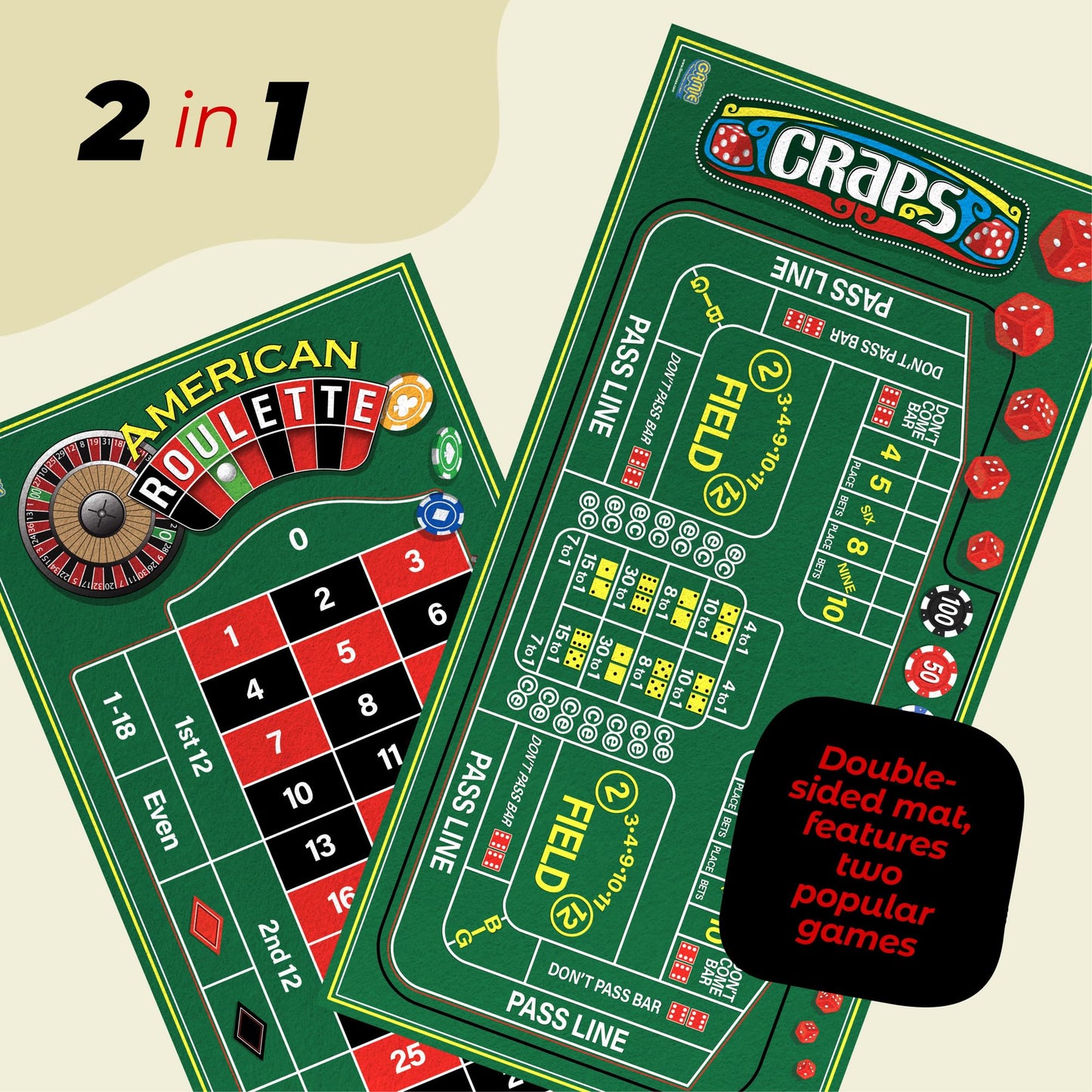 Gamie Double-Sided Roulette & Craps Table Mat — 36x72 Premium Felt for Home Casinos