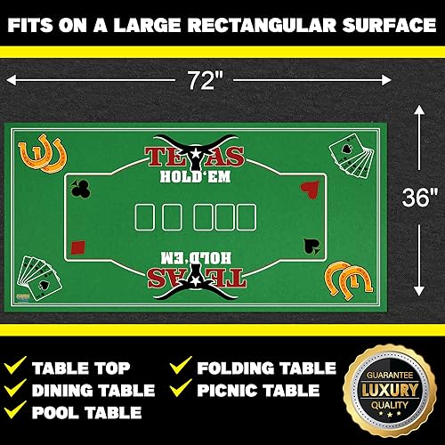 Gamie Double-Sided Felt Casino Mat — 36 by 72 Inches, 2-in-1 Texas Hold’em & Blackjack Tabletop Mat with Instruction Booklet