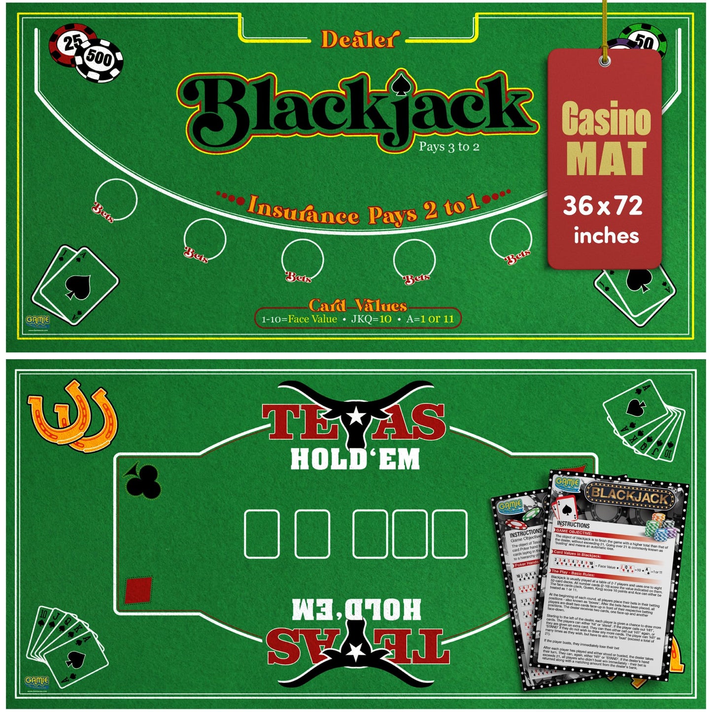 Gamie Double-Sided Felt Casino Mat — 36 by 72 Inches, 2-in-1 Texas Hold’em & Blackjack Tabletop Mat with Instruction Booklet