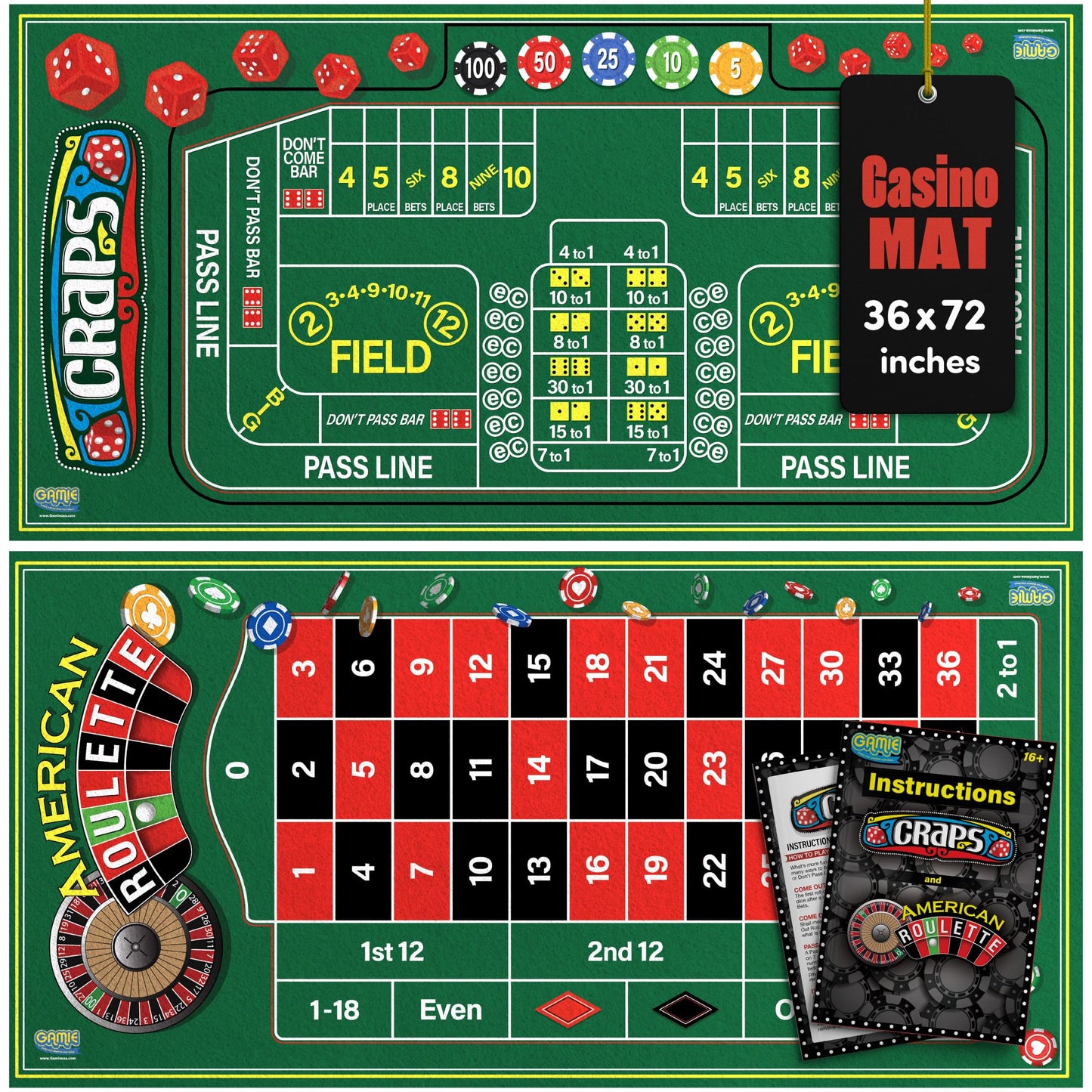 Gamie Double-Sided Roulette & Craps Table Mat — 36x72 Premium Felt for Home Casinos